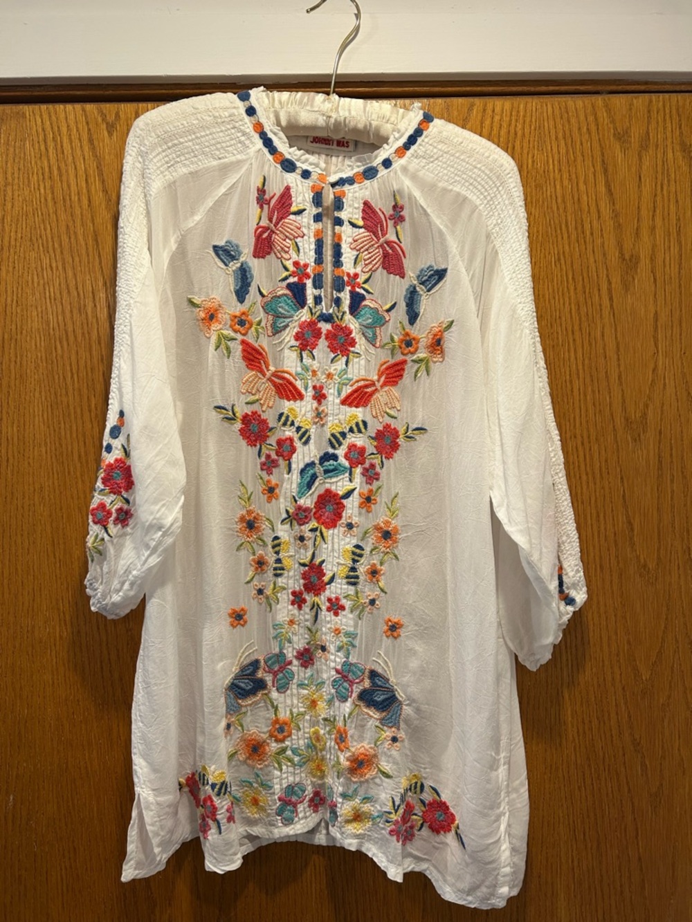 Johnny Was White Embroidered Boho Tunic with Multicolor Floral Detail